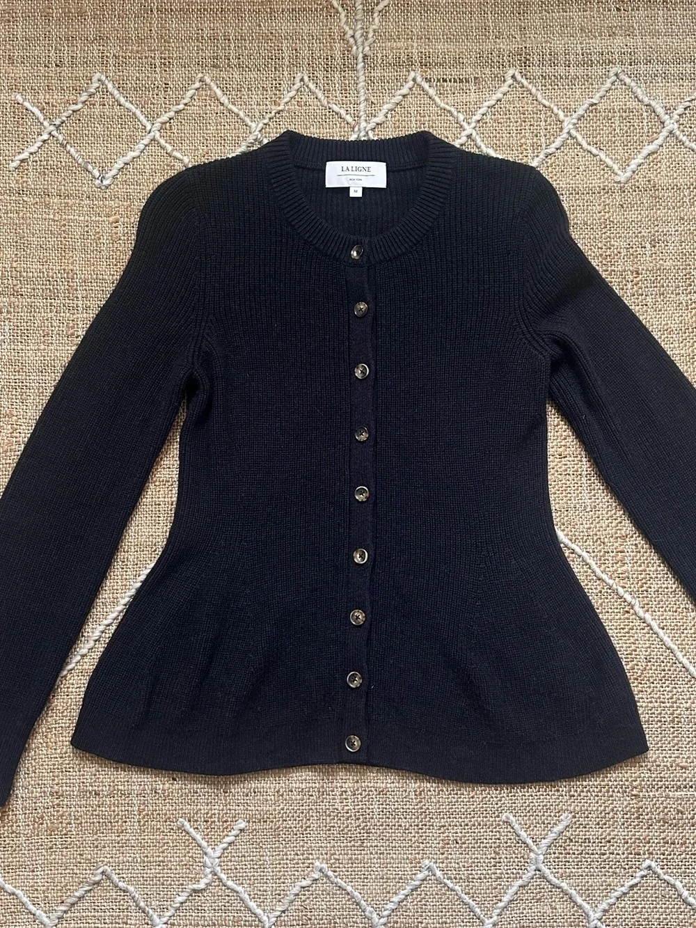 La Ligne Ribbed Flare Cardigan Sweater Peplum Navy Blue Medium - Picture 1 of 9